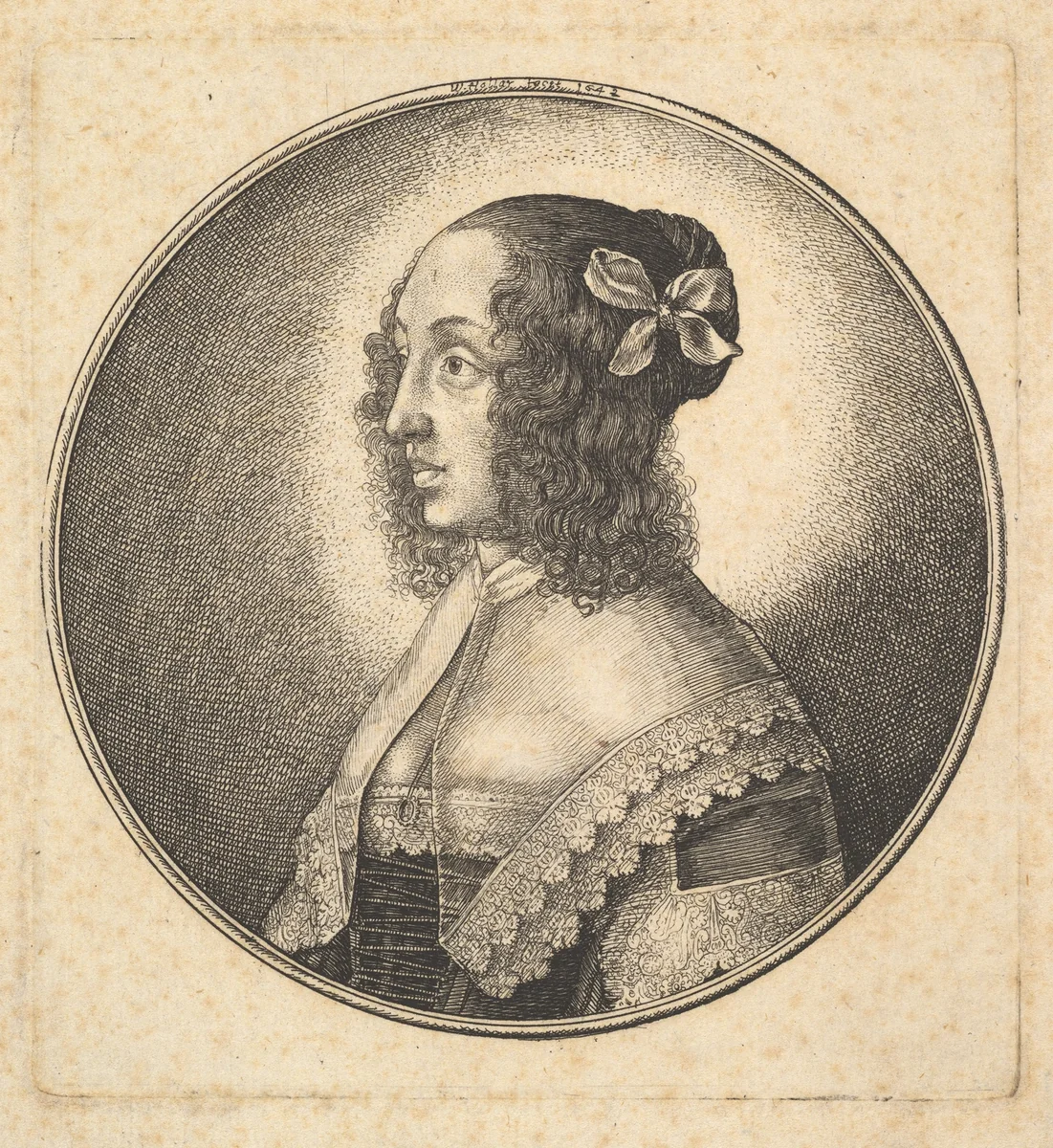 Woman with dark hair and a bow in profile to the left by Wenceslaus Hollar, print, 1642