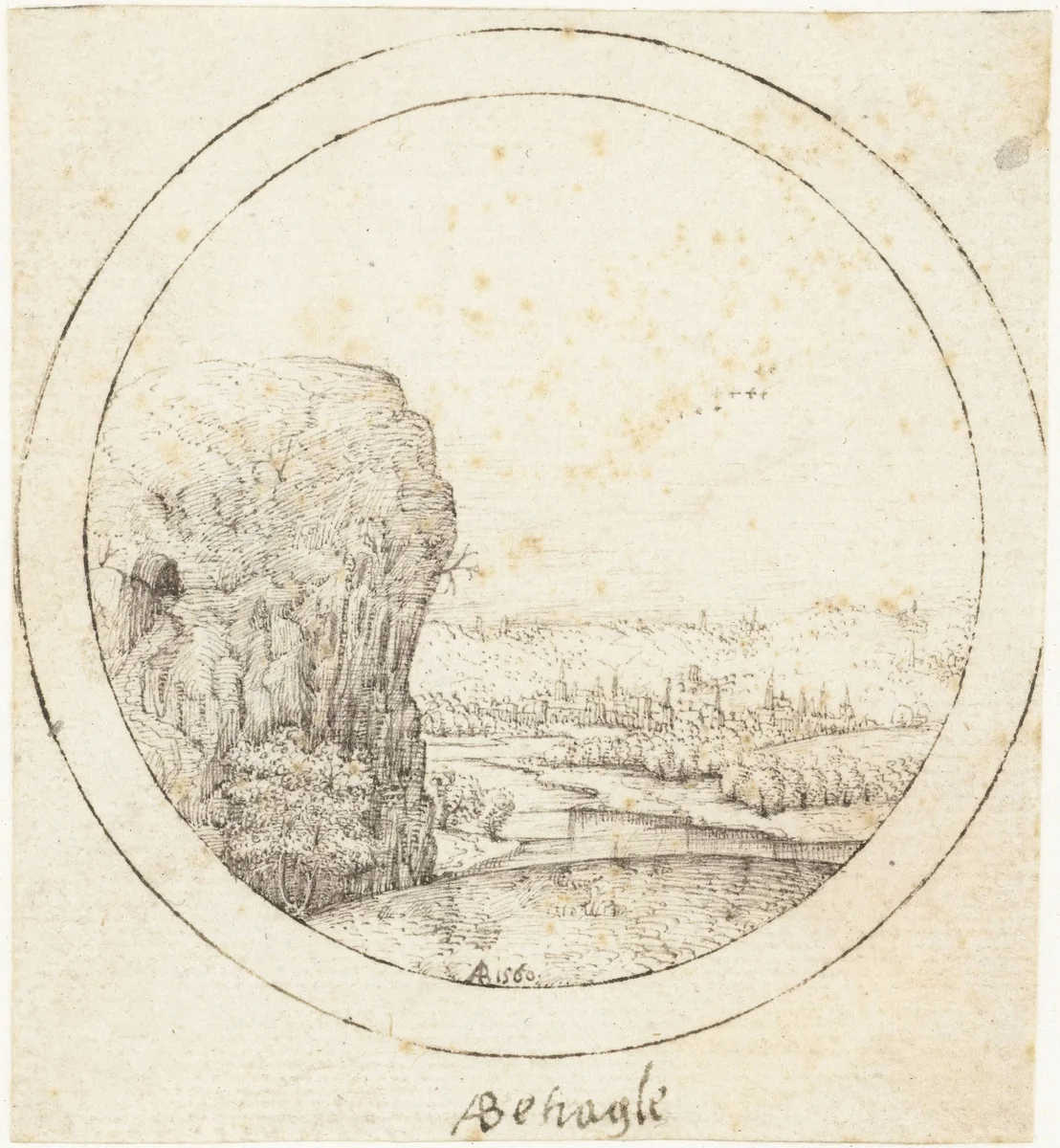 Steile rotsen bij een rivier by Antoni Behagle, drawing, 1550-1570