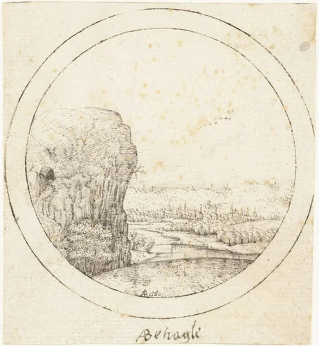 Steile rotsen bij een rivier by Antoni Behagle, drawing, 1550-1570