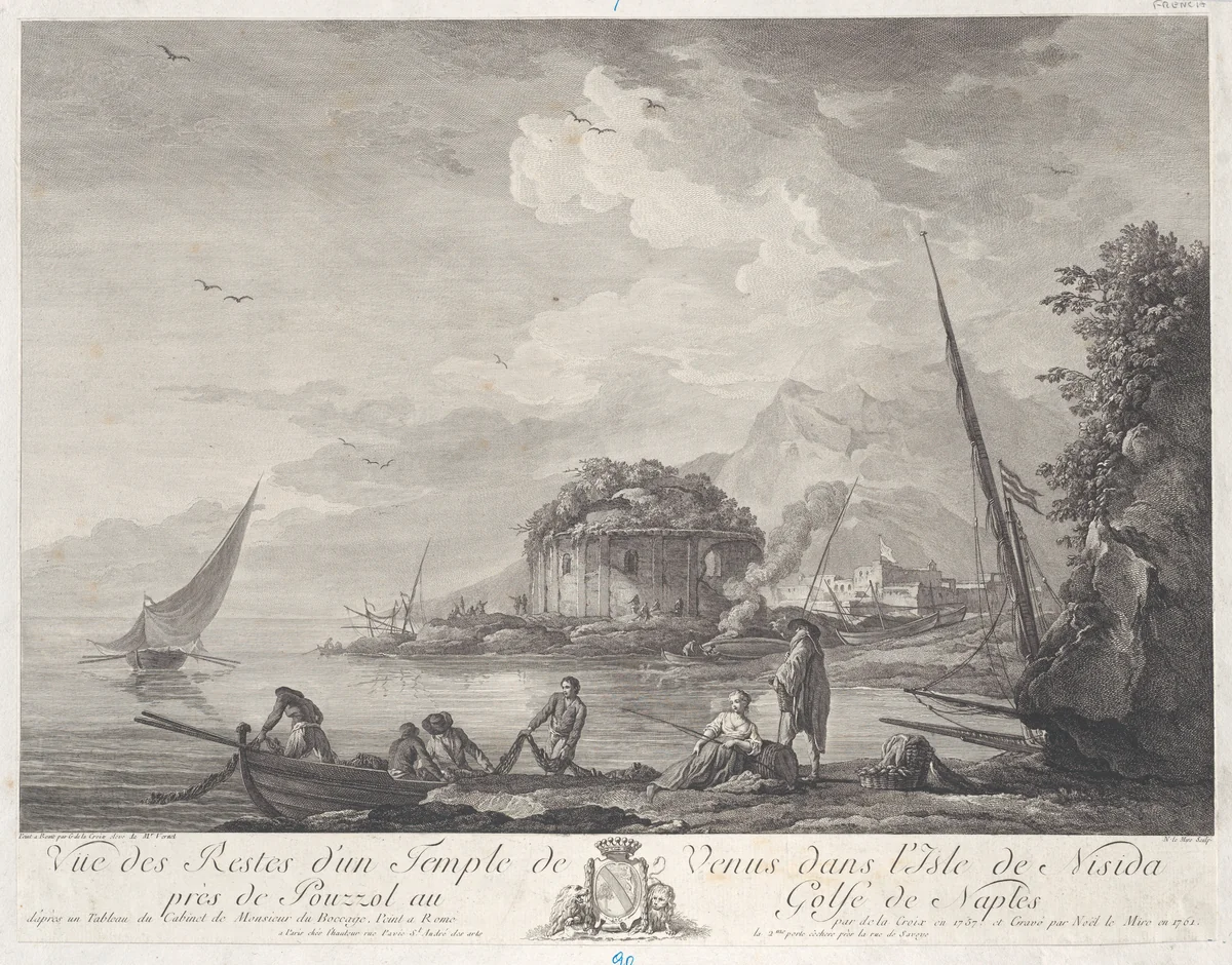 View of the Remains of the Temple of Venus on the Isle of Nisida Close to Pouzzol on the Gulf of Naples by Charles François Grenier de Lacroix, print, 1761