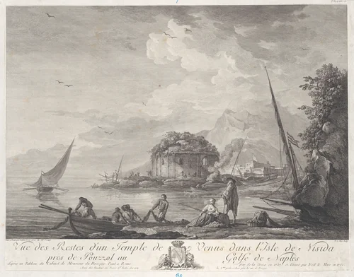 View of the Remains of the Temple of Venus on the Isle of Nisida Close to Pouzzol on the Gulf of Naples by Charles François Grenier de Lacroix, print, 1761