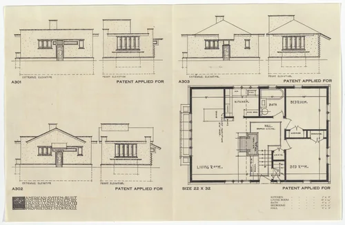 American System-Built Houses for The Richards Company project, Milwaukee, Wisconsin (Plan and elevations) by Frank Lloyd Wright, architecture, 1915