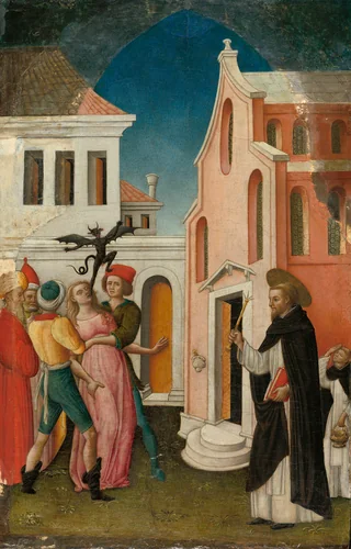 Saint Peter Martyr Exorcizing a Woman Possessed by a Devil by Antonio Vivarini, painting, 1440-1455