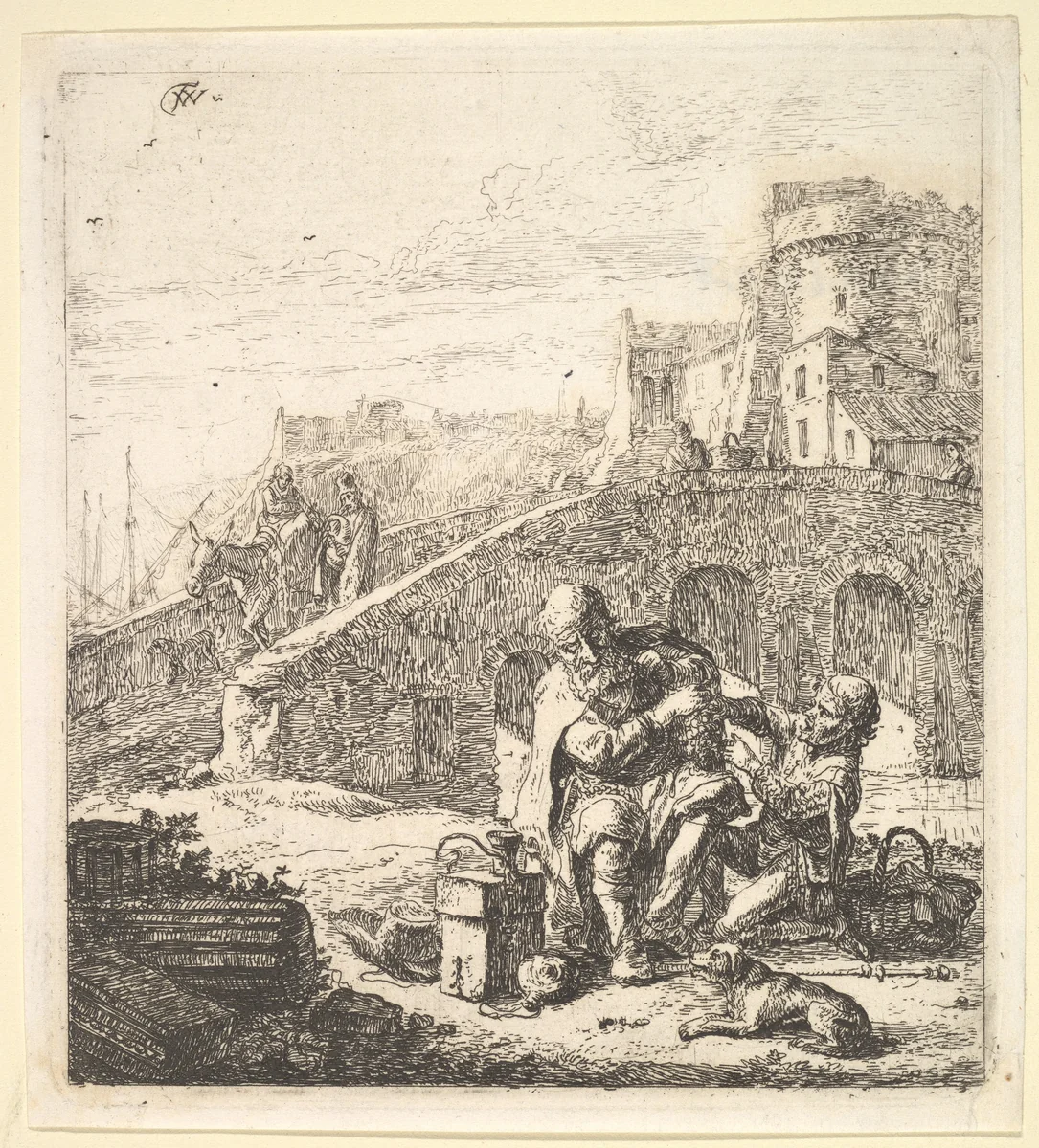 Lazarillo Stealing Grapes from the Poor Blind Beggar by Thomas Wijck, print, 1610-1677
