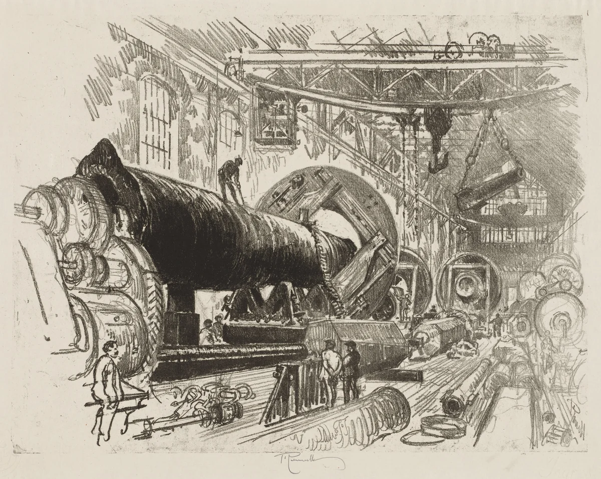 English War Work: Cutting and Turning a Big Gun by Joseph Pennell, print, 1916