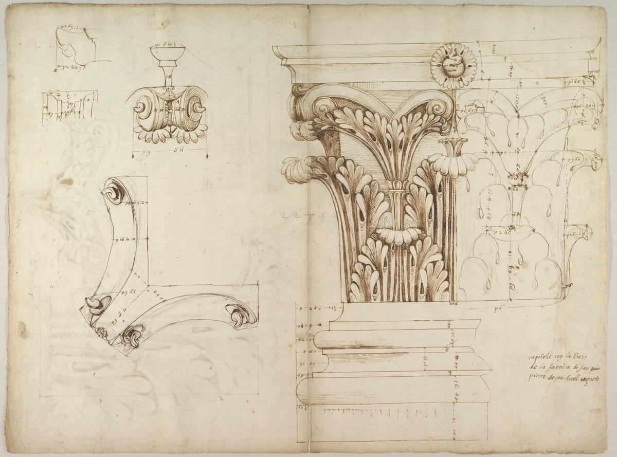 St. Peter's, Corinthian capital, elevation; base, elevation; volute, end elevation, profile, and view from below (recto) St. Peter's, Corinthian capital, acanthus leaf details and profiles of two cornice mouldings (verso) by anonymous, drawing, 1500-1560