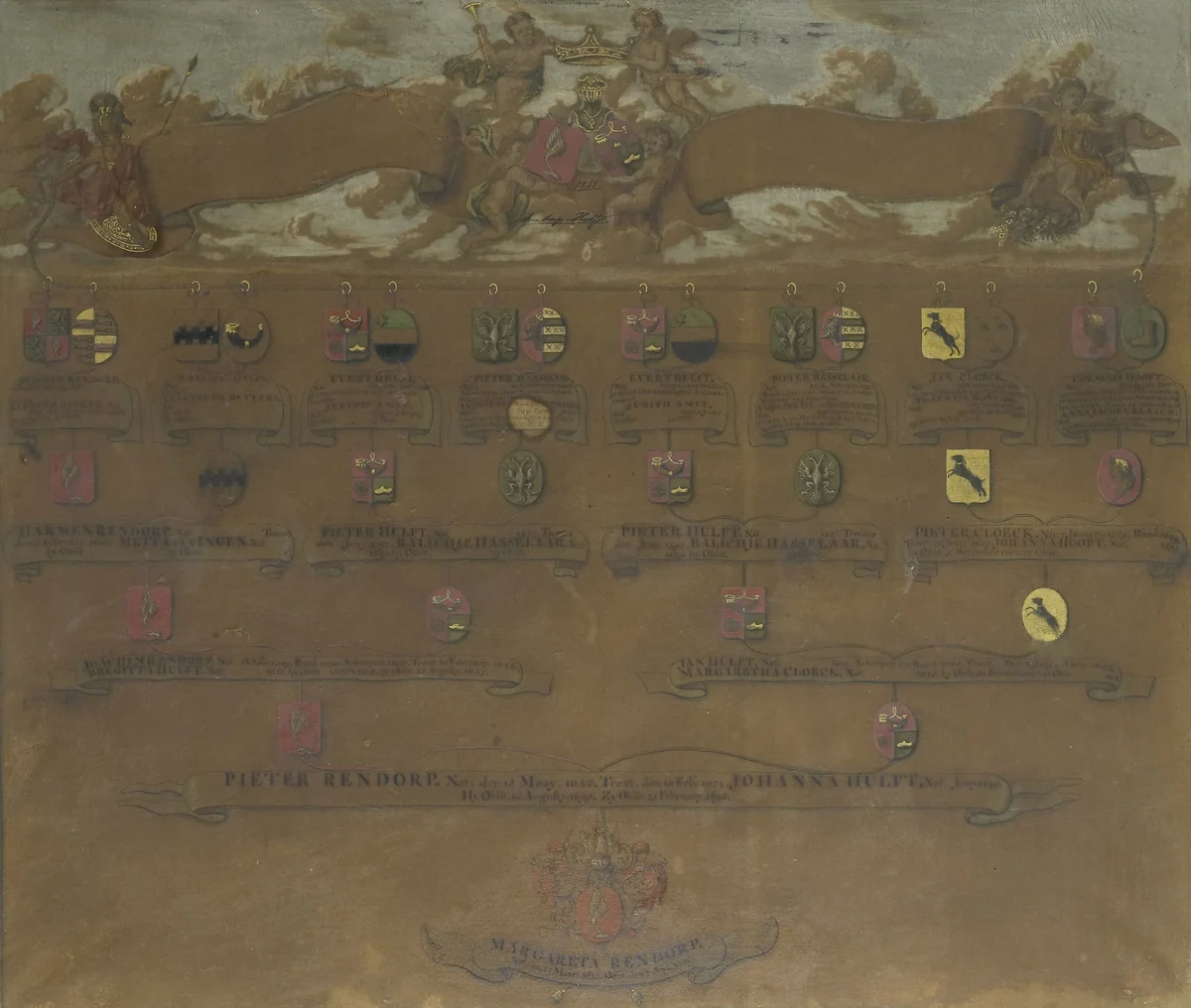 Kwartierstaat met de wapens van de zestien kwartieren van Margaretha Rendorp by anonymous, drawing, 1700-1749