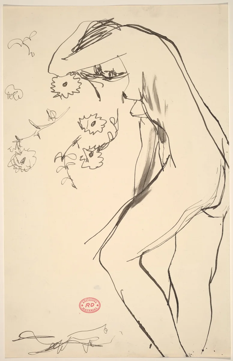 Untitled [standing female nude leaning into a floral pattern] by Richard Diebenkorn, drawing, 1955-1967
