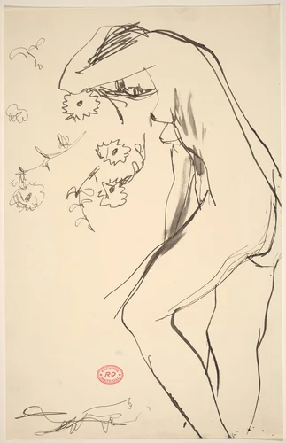 Untitled [standing female nude leaning into a floral pattern] by Richard Diebenkorn, drawing, 1955-1967