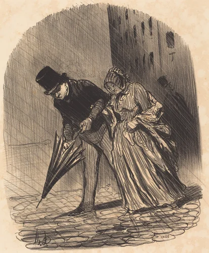 Inconvénient d'un parapluie a ressorts trop compliqués by Honoré Daumier, print, 1847