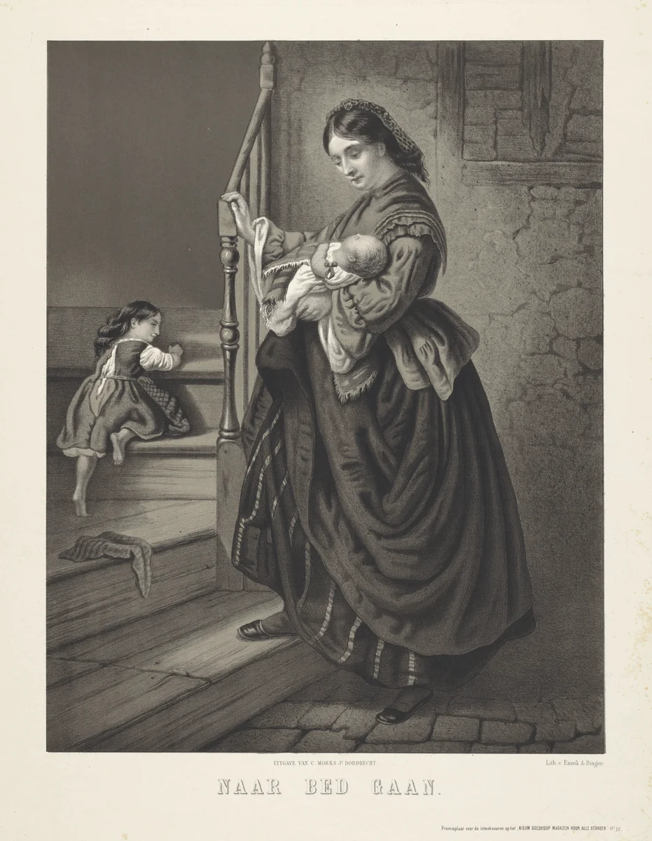 Vrouw met kinderen op een trap by Christiaan Bos, print, 1845-1904