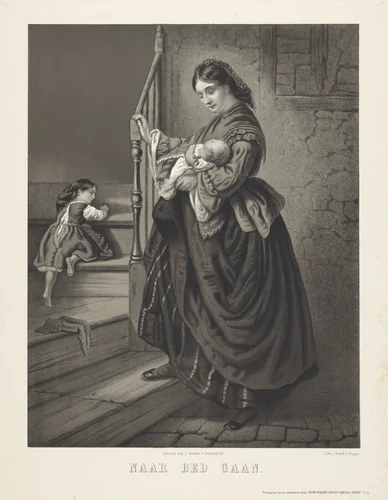 Vrouw met kinderen op een trap by Christiaan Bos, print, 1845-1904