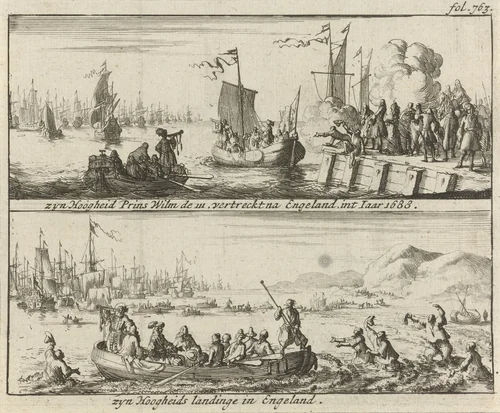 Vertrek naar en aankomst van prins Willem III in Engeland, 1688 by Jan Luyken, print, 1689