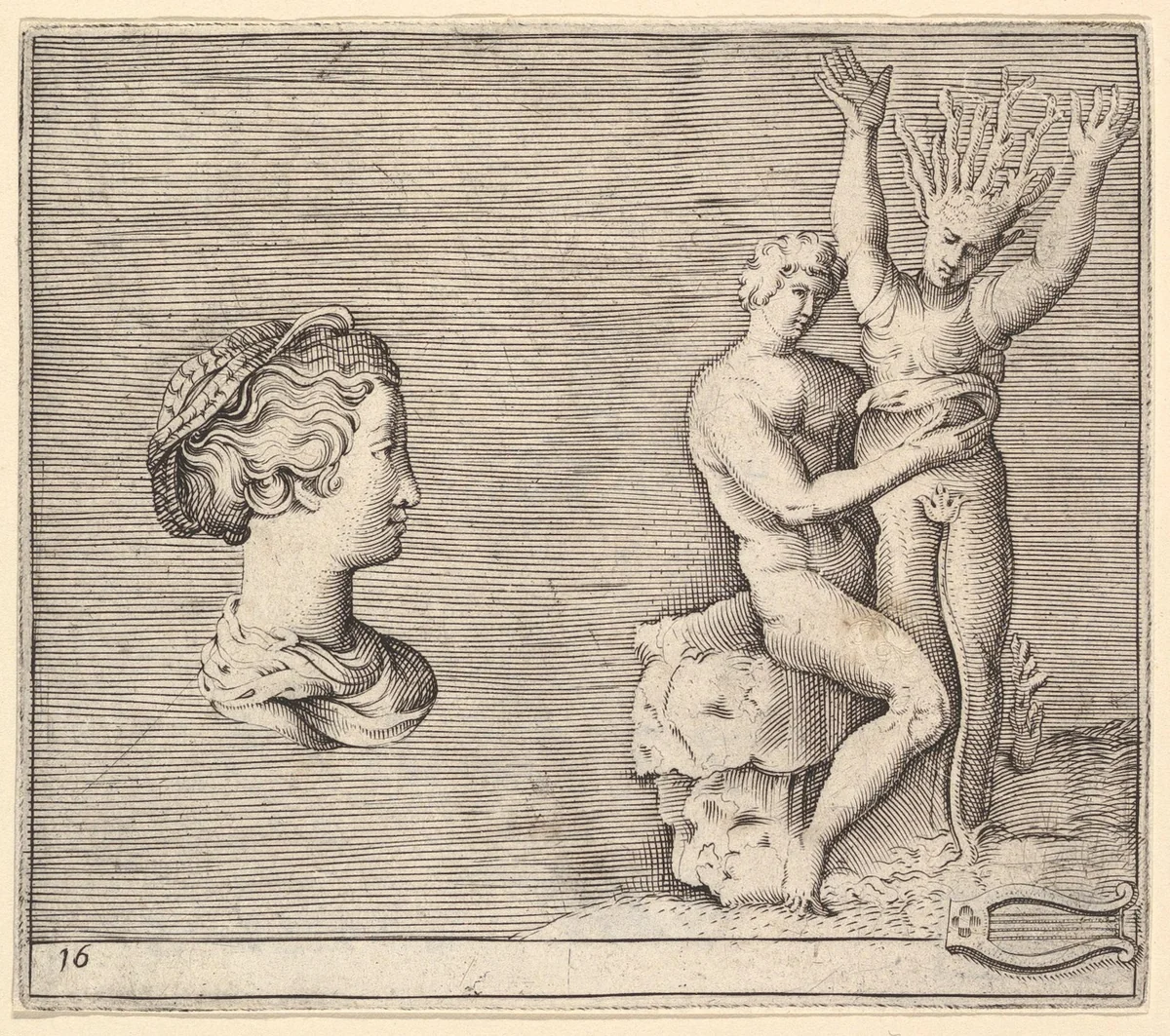Head of Woman in Profile; Apollo and Daphne, from "Ex Antiquis Cameorum et Gemmae Delineata/ Liber Secundus/et ab Enea Vico Parmen Incis" by anonymous, print, 1599-1622