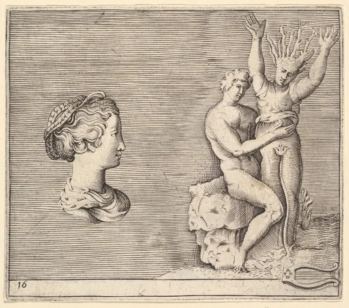 Head of Woman in Profile; Apollo and Daphne, from "Ex Antiquis Cameorum et Gemmae Delineata/ Liber Secundus/et ab Enea Vico Parmen Incis" by anonymous, print, 1599-1622