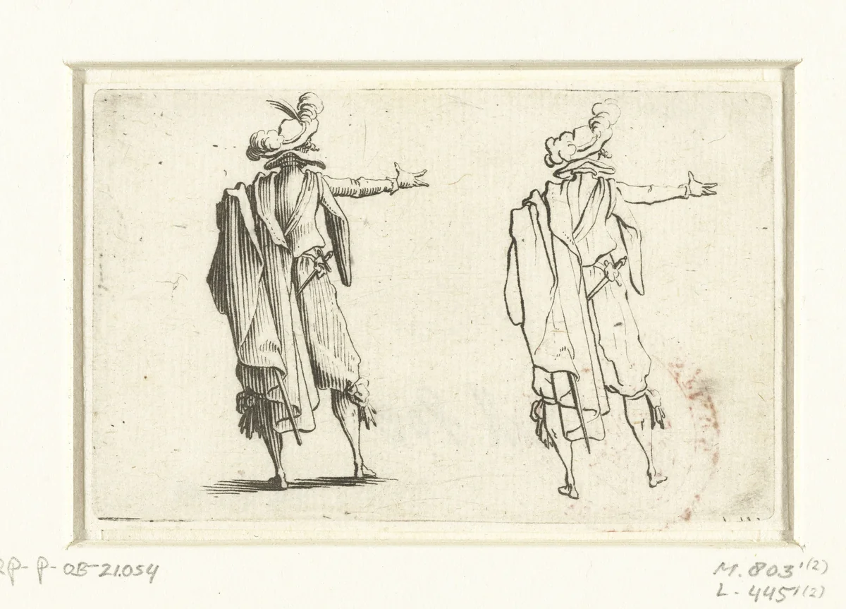 Tweemaal dezelfde man met mantel en zwaard, de rechterarm uitgestoken, op de rug gezien by Jacques Callot, print, 1621