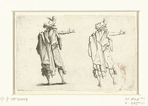 Tweemaal dezelfde man met mantel en zwaard, de rechterarm uitgestoken, op de rug gezien by Jacques Callot, print, 1621