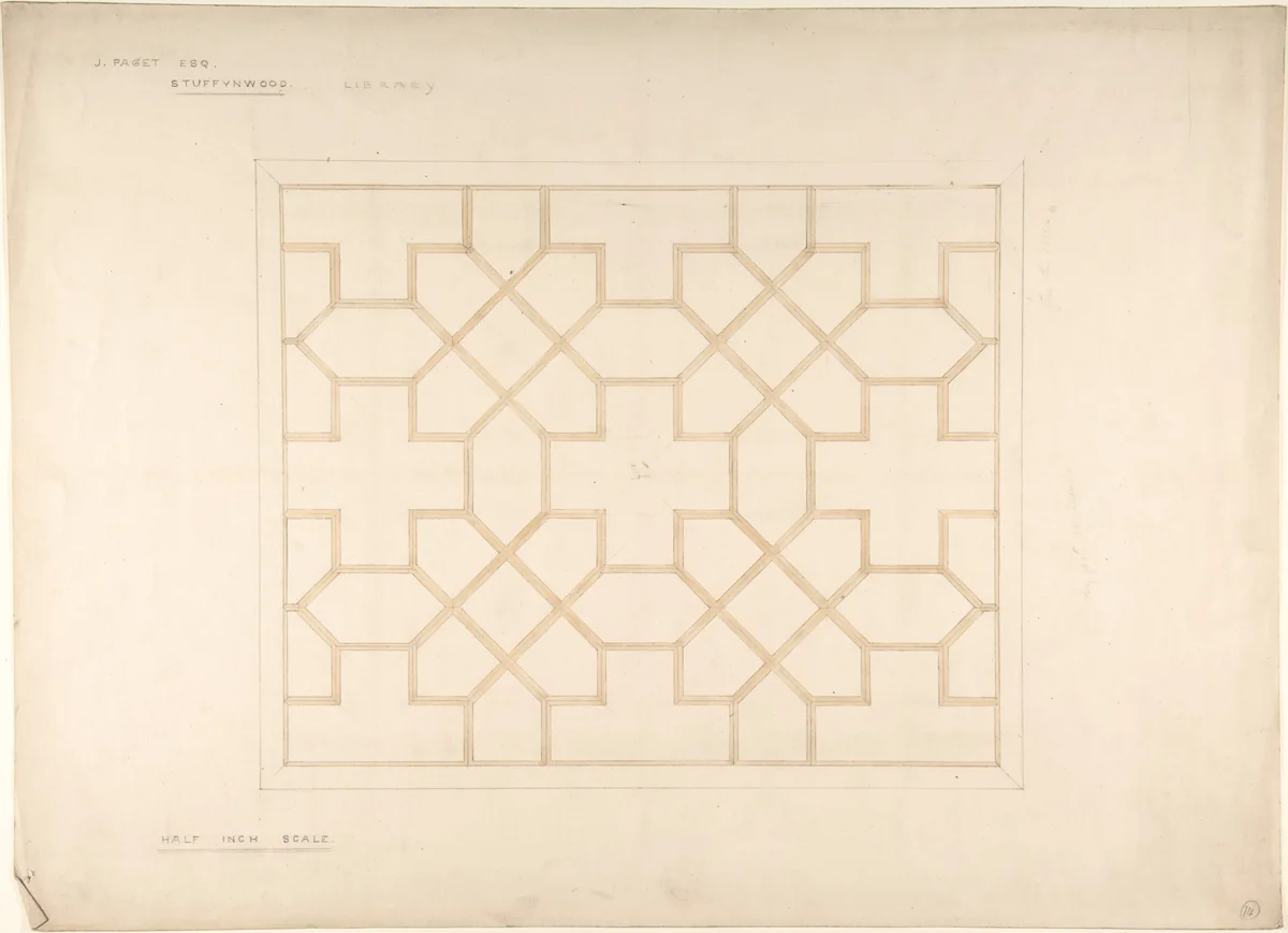 Ceiling design for the Library, Stuffynwood Hall, Derbyshire by John Gregory Crace, drawing, 1852-1862