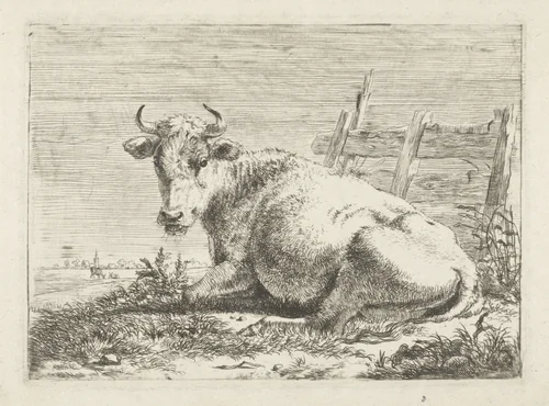 Liggende koe bij een schutting by Pieter Gerardus van Os, print, 1798