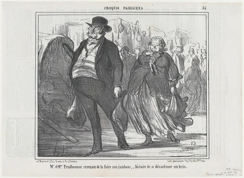 Mr. et Mme. Prudhomme revenant de la foire..., from Croquis Parisiens, published in Le Charivari, April 18, 1857 by Honoré Daumier, print, 1857