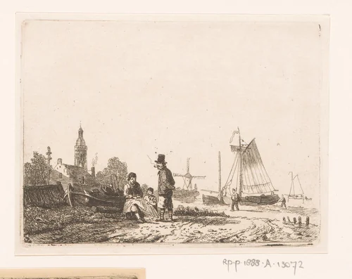 Visser met zijn zoon repareert een net onder toezicht van een pijprokende oude matroos by Egidius Linnig, print, 1853