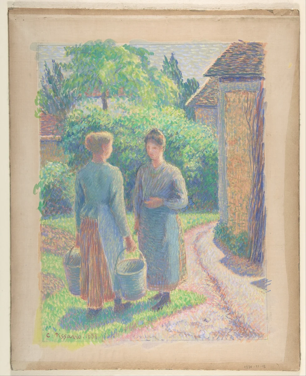 Two Women in a Garden by Camille Pissarro, drawing, 1888