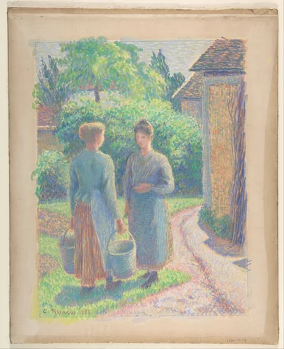 Two Women in a Garden by Camille Pissarro, drawing, 1888