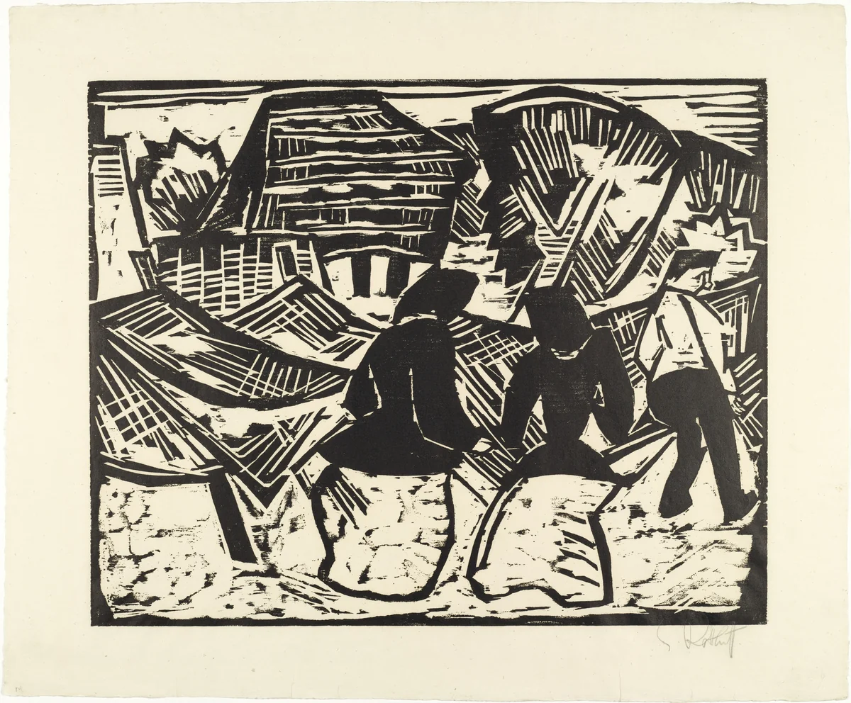 At the Nets (Bei den Netzen) from the portfolio Ten Woodcuts by Schmidt-Rottluff (Zehn Holzschnitte von Schmidt-Rottluff) by Karl Schmidt-Rottluff, print, 1914