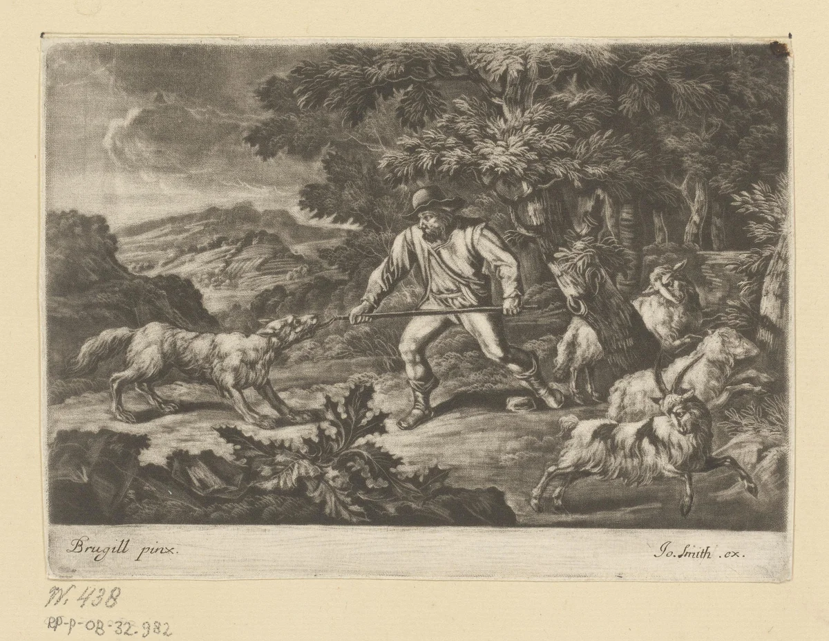 Herder verjaagt een aanvallende wolf by John Smith, print, 1662-1742