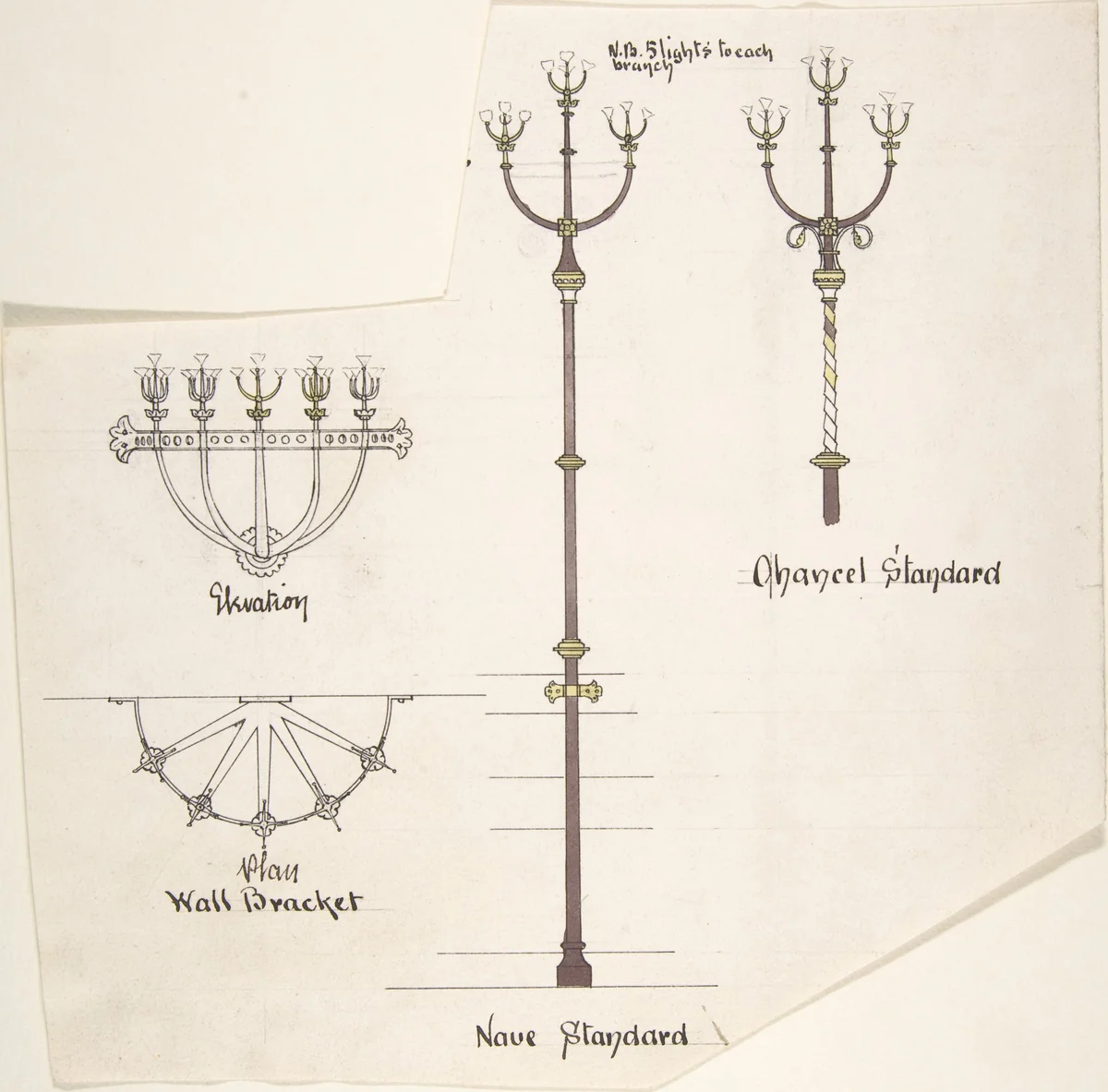 Designs for Church Lights: Wall Bracket, Nave Standard, Chancel Standard by Richardson Ellson, drawing, 1875-1885
