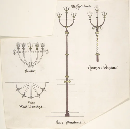 Designs for Church Lights: Wall Bracket, Nave Standard, Chancel Standard by Richardson Ellson, drawing, 1875-1885