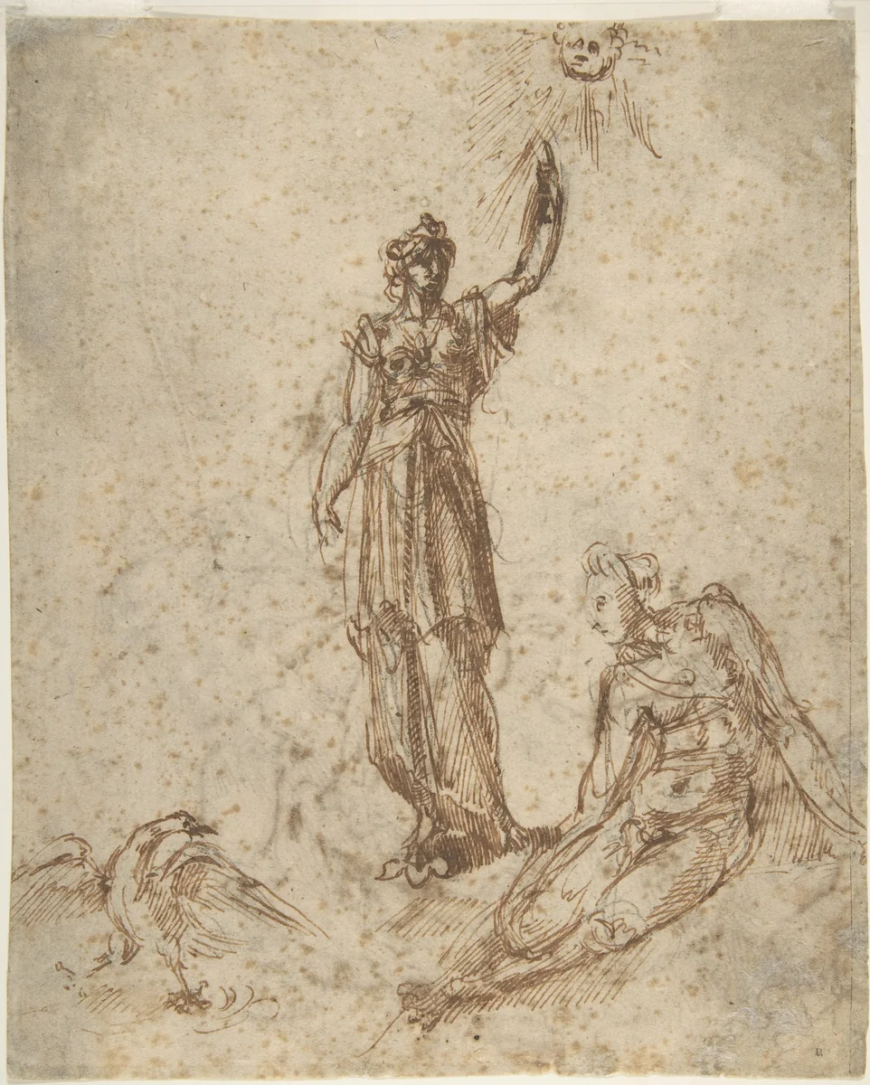 Two Women with Sun and Bird (recto); Two Men Fighting and a Fallen Horse (verso) by anonymous, drawing, 1500-1600