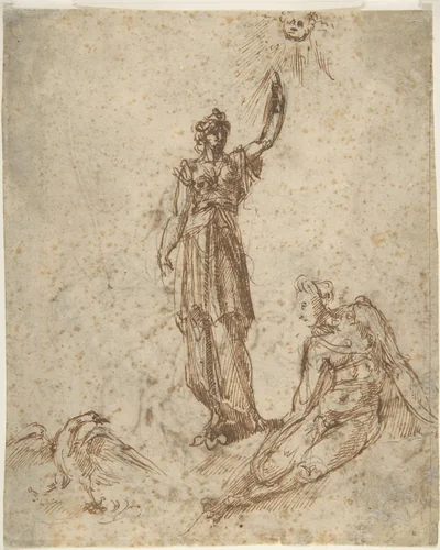 Two Women with Sun and Bird (recto); Two Men Fighting and a Fallen Horse (verso) by anonymous, drawing, 1500-1600