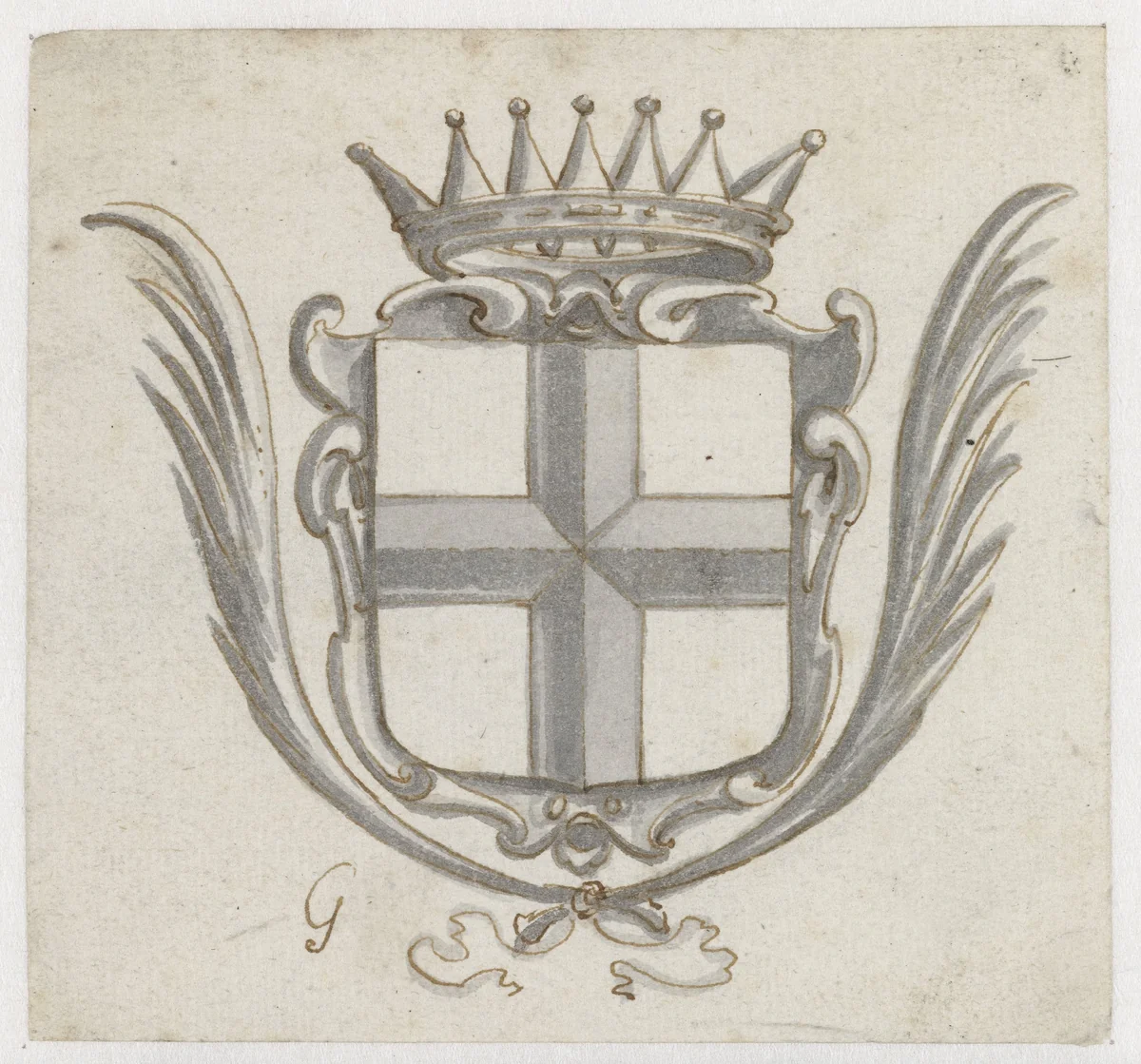 Bekroond wapenschild met twee palmtakken by Pieter Jansz, drawing, 1630-1672