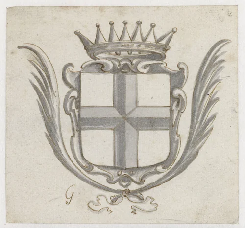 Bekroond wapenschild met twee palmtakken by Pieter Jansz, drawing, 1630-1672