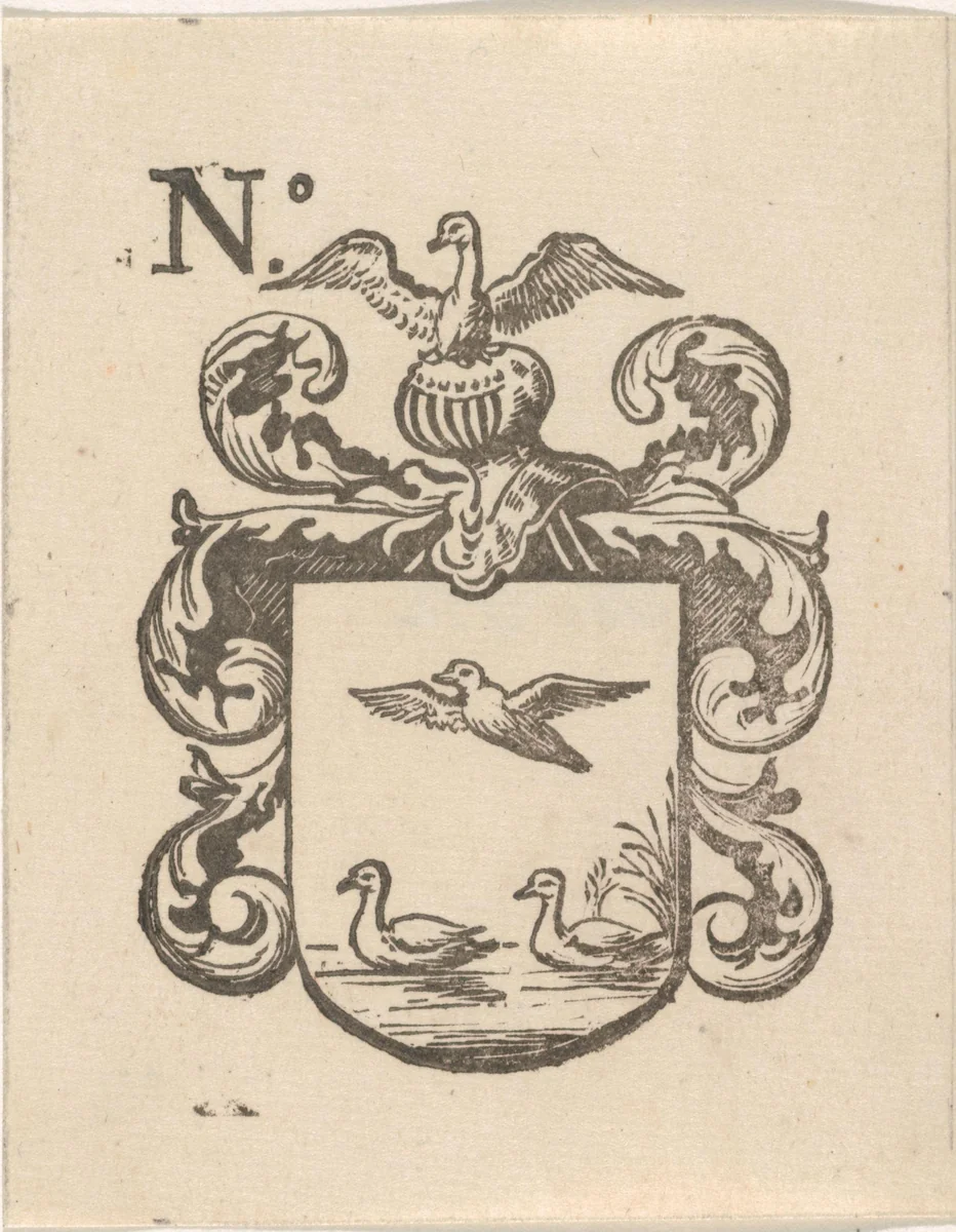 Handelsetiket met een wapen met daarop drie eenden by Isaac Vincentsz. van der Vinne, print, 1681-1740