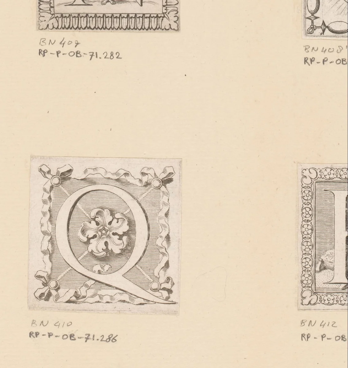 Letter Q met vijfblad en linten by Claude Mellan, print, 1639-1643
