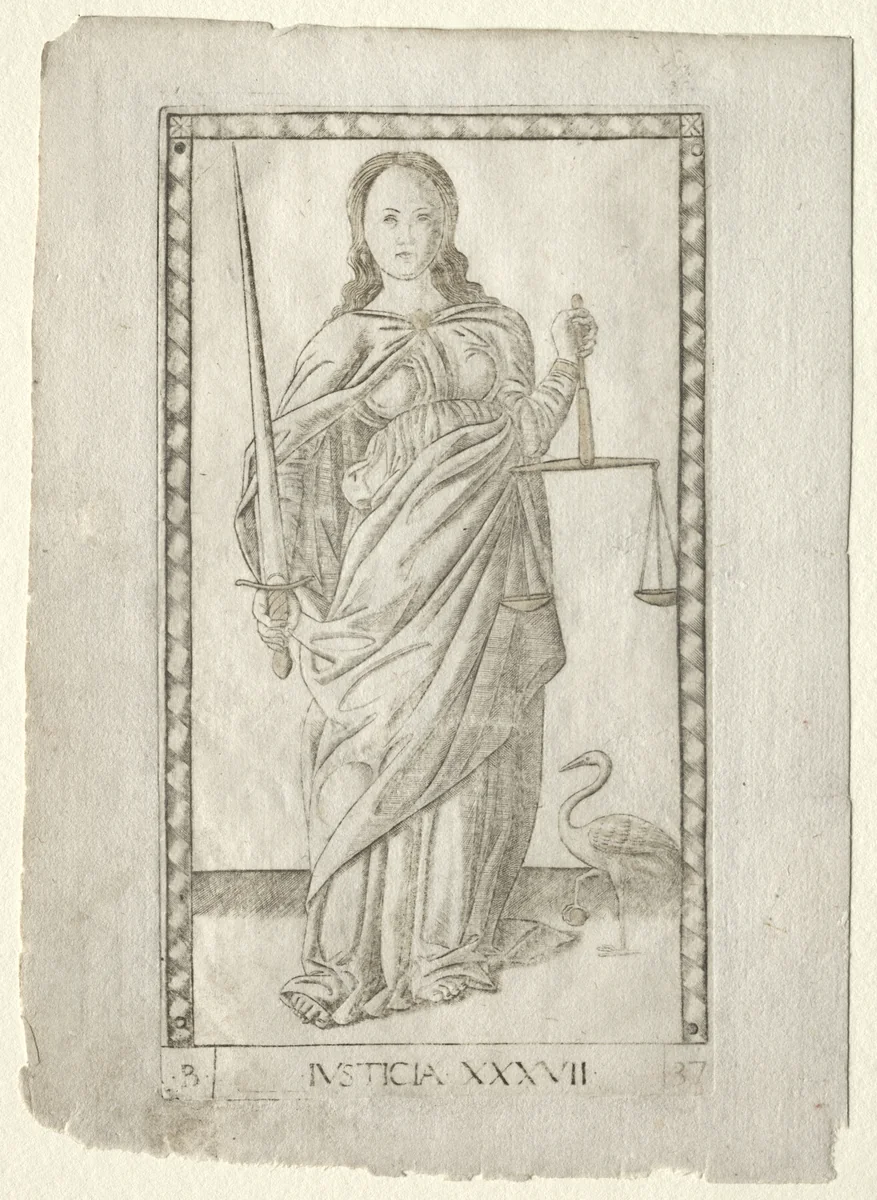 Justice (from the Tarocchi, series B: Cosmic Principles & Virtues, #37) by Master of the E-Series Tarocchi, print, 1457-1467
