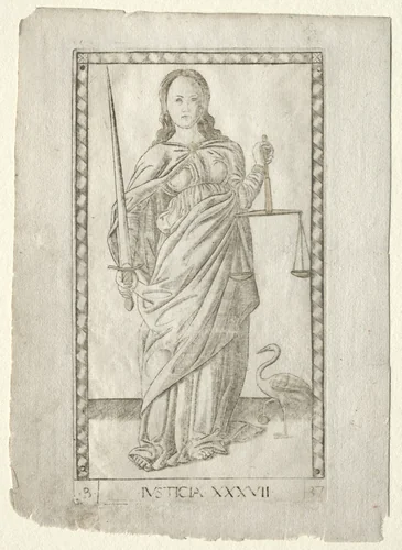 Justice (from the Tarocchi, series B: Cosmic Principles & Virtues, #37) by Master of the E-Series Tarocchi, print, 1457-1467