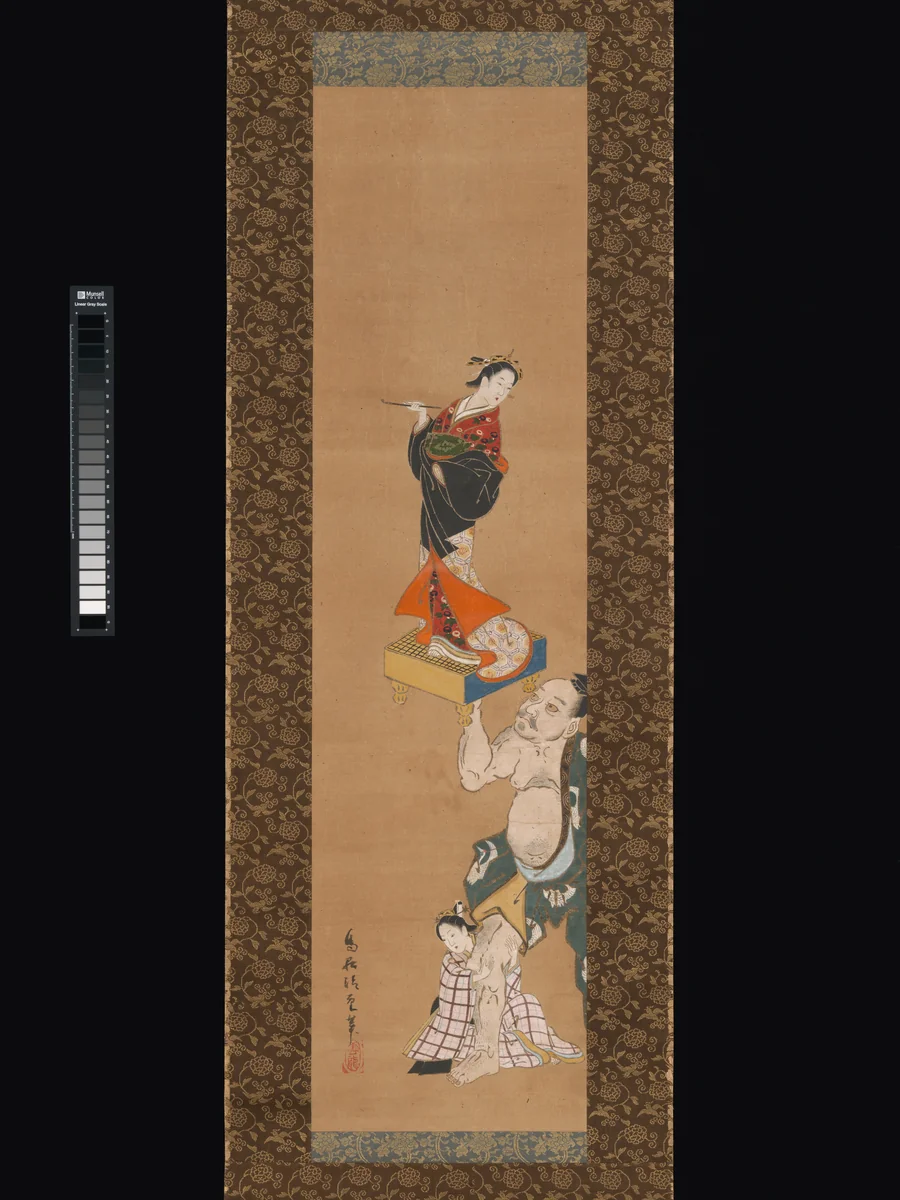 The Warrior Asahina Yoshihide Lifting a Puppet of a Courtesan on a Go Board by Torii Kiyoshige, painting, 1734-1766