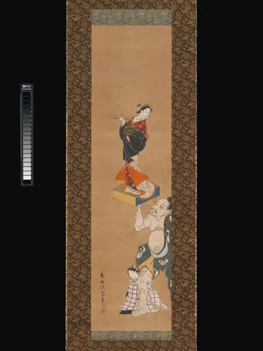 The Warrior Asahina Yoshihide Lifting a Puppet of a Courtesan on a Go Board by Torii Kiyoshige, painting, 1734-1766
