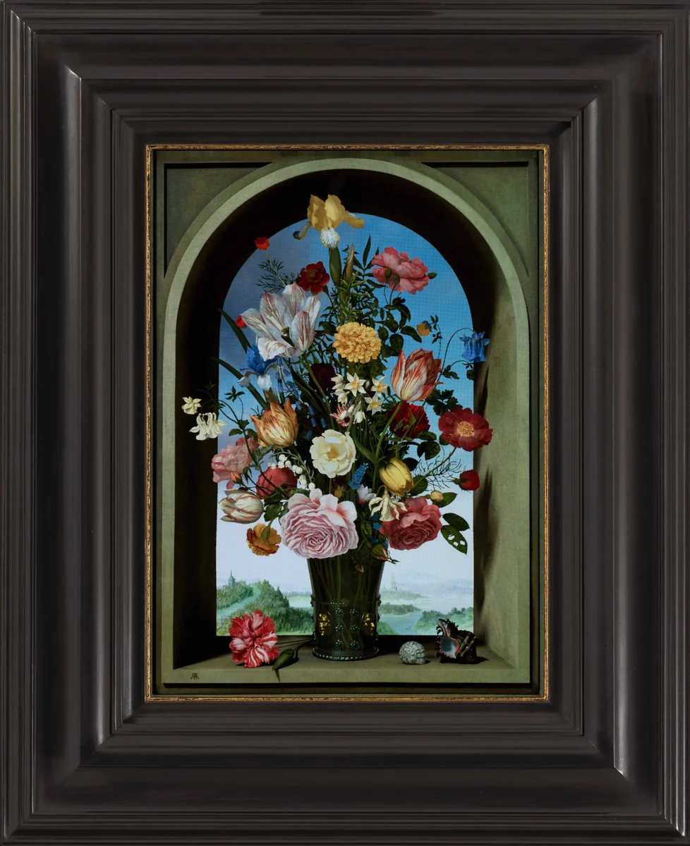 Transforming Still Life Painting after Ambrosius Bosschaert the Elder, Vase With Flowers in a Window, 1618 by Nick and Rob Carter, video, 2008