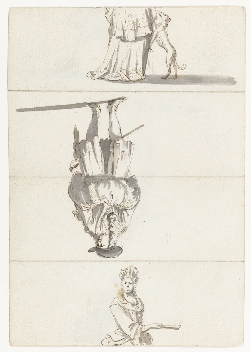 Vouwblad met figuurstudies by Ludolf Bakhuysen, drawing, 1695-1705