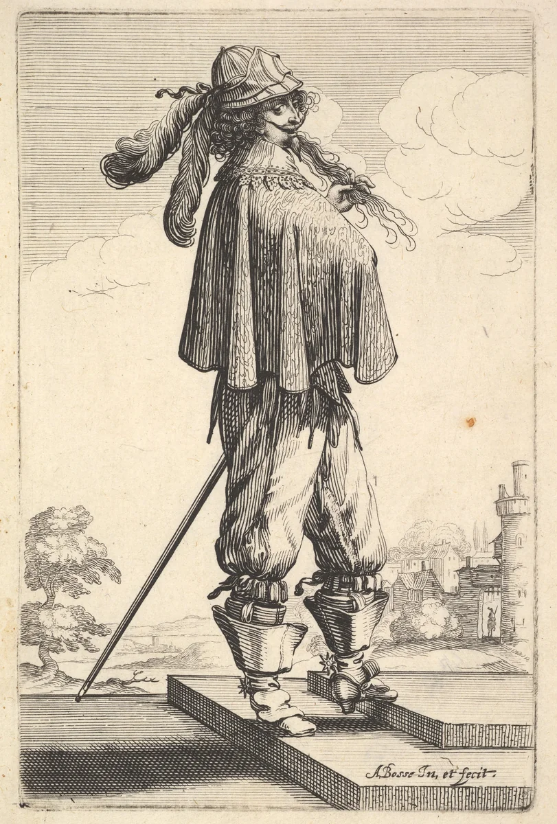 A gentleman wearing a short coat, a helmet, and boots with spurs, standing on the steps and turned towards the right, from "The Garden of the French Nobles In Which One Can Pick Up Their Way of Dressing" by Abraham Bosse, print, 1629
