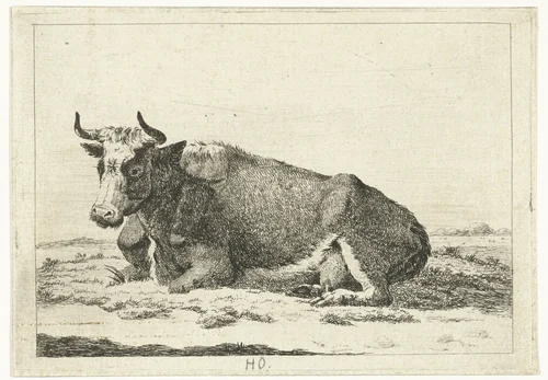 Landschap met liggende koe met horens by Cornelis Bisschop, print, 1777-1829