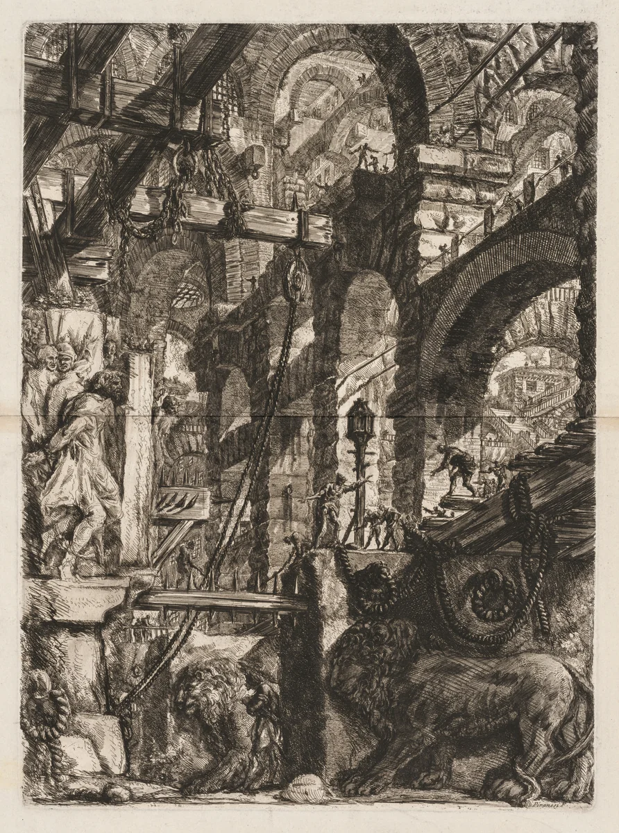 The Prisons: A Perspective of Roman Arches, with Two Lions Carved in Relief on Stone Slabs in the Foreground by Giovanni Battista Piranesi, print, 1745-1750