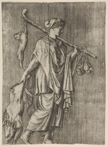 Woman returning from a hunt carrying a boar in her right hand and a stick on her left shoulder to which a hare and two ducks are tied by Marco Dente, print, 1510-1532