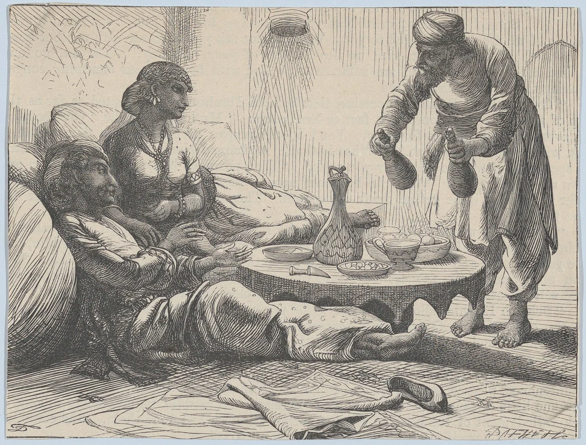 Sheich Ibrahim and His Visitors, from "Illustrated Arabian Nights' Entertainments" by Dalziel Brothers, print, 1860-1870