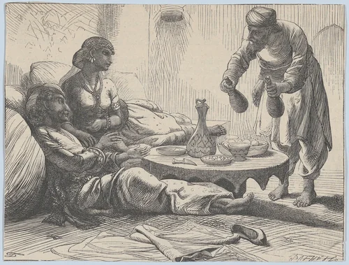Sheich Ibrahim and His Visitors, from "Illustrated Arabian Nights' Entertainments" by Dalziel Brothers, print, 1860-1870