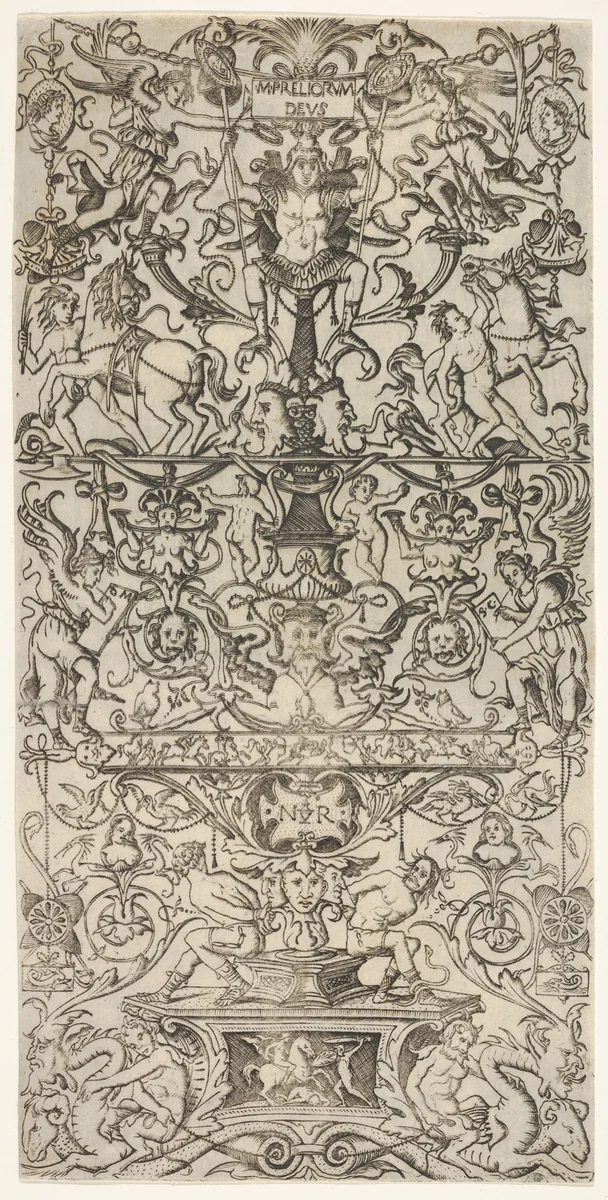 Vertical ornament panel with Mars by Nicoletto da Modena, print, 1500-1510